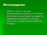 Металлургия. Область науки и техники, охватывающая процессы получения металлов из руд или других веществ, изменения химического состава, структуры и свойств металлических сплавов