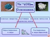 Ме+n(ОН)n. Сложные вещества, состоящие из ионов металлов и гидроксид ионов. Основания-. Нерастворимые в воде. Растворимые в воде (щелочи)