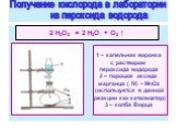 2 Н2O2 = 2 Н2O + O2 ↑. 1 – капельная воронка с раствором пероксида водорода 2 – порошок оксида марганца ( IV) – МnO2 (используется в данной реакции как катализатор) 3 – колба Вюрца. Получение кислорода в лаборатории из пероксида водорода