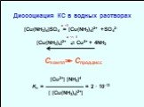 Диссоциация КС в водных растворах. [Cu(NH3)4]SO4 = [Cu(NH3)4]2+ +SO42–. [Cu(NH3)4]2+ ⇄ Cu2+ + 4NH3. Скомпл≫ Спрод.дисс. [Cu2+] [NH3]4 Kн = ——————— = 2 · 10–13 [ [Cu(NH3)4]2+]. α =1 α