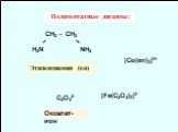 Полидентатные лиганды: СH2 – СH2 ╱ ╲ H2N NH2 [Co(en)3]3+ C2O42– Этилендиамин (en) Оксалат-ион [Fe(C2O4)3]3-