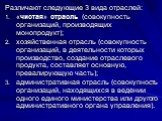 Различают следующие 3 вида отраслей: «чистая» отрасль (совокупность организаций, производящих монопродукт); хозяйственная отрасль (совокупность организаций, в деятельности которых производство, создание отраслевого продукта, составляет основную, превалирующую часть); административная отрасль (совоку