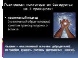 Позитивная психотерапия базируется на 3 принципах: позитивный подход (позитивный образ человека) с учетом транскультурного аспекта. Человек – неиссякаемый источник добродетелей, он подобен руднику, полному драгоценных камней.