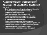 Классификация медицинской помощи по условиям оказания (ст. 32). Вне медицинской организации (в месте вызова бригады скорой помощи, в транспортном средстве) Амбулаторно (в условиях, не предусматривающих круглосуточного медицинского наблюдения и лечения) В дневном стационаре (предусматривающее медицин