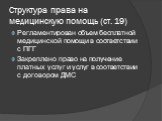 Структура права на медицинскую помощь (ст. 19). Регламентирован объем бесплатной медицинской помощи в соответствии с ПГГ Закреплено право на получение платных услуг и услуг в соответствии с договором ДМС