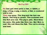 Ex.5 p.101 He has got nine pets: a hen, a rabbit, a dog, a frog, a pig, a duck, a fish, a cockerel and a cat. They are grey. The dog and the hen are black. The frog is green. The cockerel and the fish are red. The pig is pink. Nick likes his pets. His pets like Nick too. But Nick is sad. His cat lik