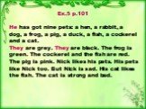 Ex.5 p.101 He has got nine pets: a hen, a rabbit, a dog, a frog, a pig, a duck, a fish, a cockerel and a cat. They are grey. They are black. The frog is green. The cockerel and the fish are red. The pig is pink. Nick likes his pets. His pets like Nick too. But Nick is sad. His cat likes the fish. Th