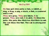 Ex.5 p.101 He has got nine pets: a hen, a rabbit, a dog, a frog, a pig, a duck, a fish, a cockerel and a cat. They are grey. They are black. It is green. They are red. It is pink. He likes his pets. His pets like Nick too. But Nick is sad. His cat likes the fish. The cat is strong and bad.