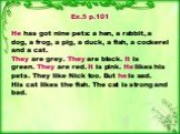 Ex.5 p.101 He has got nine pets: a hen, a rabbit, a dog, a frog, a pig, a duck, a fish, a cockerel and a cat. They are grey. They are black. It is green. They are red. It is pink. He likes his pets. They like Nick too. But he is sad. His cat likes the fish. The cat is strong and bad.