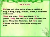 Ex.5 p.101 He has got nine pets: a hen, a rabbit, a dog, a frog, a pig, a duck, a fish, a cockerel and a cat. They are grey. They are black. It is green. They are red. It is pink. He likes his pets. They like Nick too. But he is sad. It likes the fish. The cat is strong and bad.