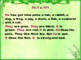 Ex.5 p.101 He has got nine pets: a hen, a rabbit, a dog, a frog, a pig, a duck, a fish, a cockerel and a cat. They are grey. They are black. It is green. They are red. It is pink. He likes his pets. They like Nick too. But he is sad. It likes the fish. It is strong and bad.