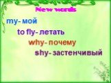 New words. my- мой to fly- летать why- почему shy- застенчивый