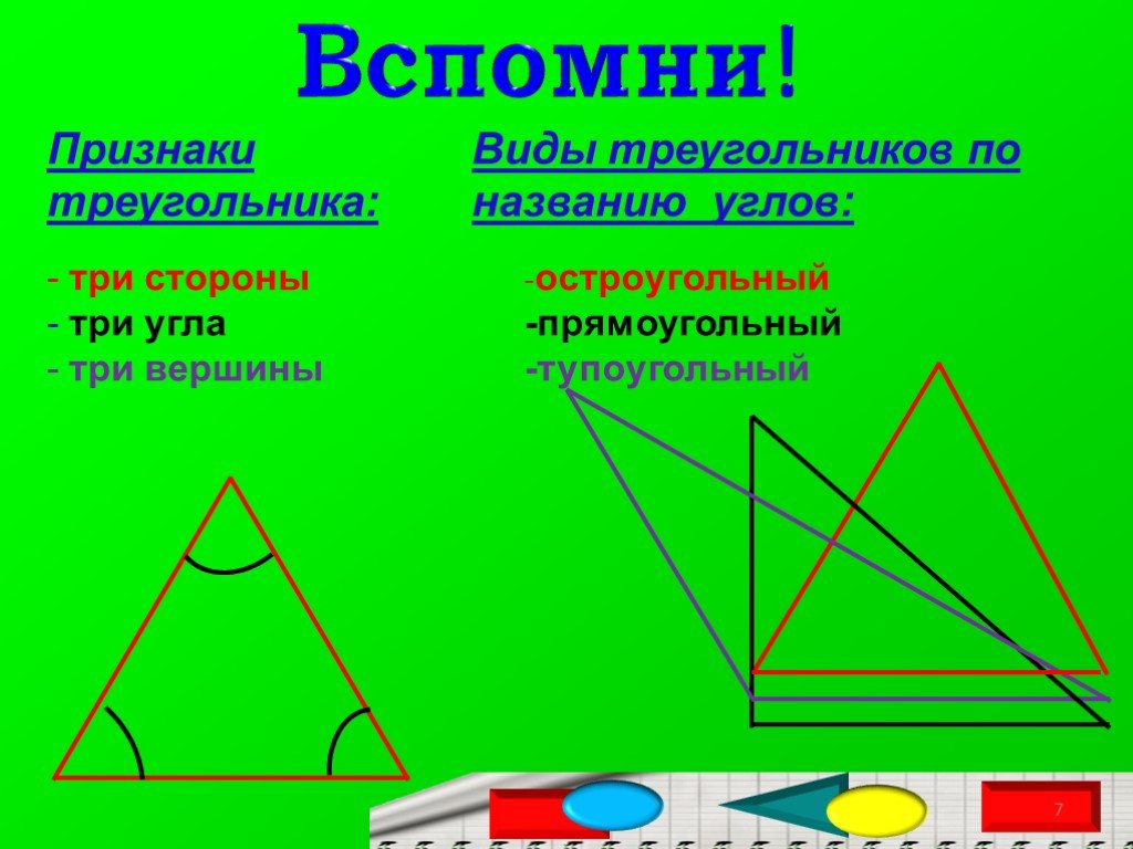 Три признака угла. Виды треугольников. Виды треугольников по углам. Виды треугольников по сторонам. Название треугольников по углам.