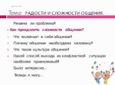 15.12.11 Тема: РАДОСТИ И СЛОЖНОСТИ ОБЩЕНИЯ. Решена ли проблема? - Как преодолеть сложности общения? Что включает в себя общение? Почему общение необходимо человеку? Что такое культура общения? Какой способ выхода из конфликтной ситуации наиболее приемлемый? Было интересно… Теперь я могу…