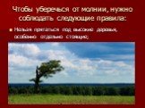 Чтобы уберечься от молнии, нужно соблюдать следующие правила: Нельзя прятаться под высокие деревья, особенно отдельно стоящие;