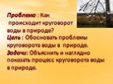 Проблема : Как происходит круговорот воды в природе? Цель : Обосновать проблемы круговорота воды в природе. Задачи: Объяснить и наглядно показать процесс круговорота воды в природе.