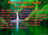 Круговорот воды на Земле, называемый также гидрологическим циклом, включает поступление воды в атмосферу при испарении и возвращение ее назад в результате конденсации и выпадения осадков. В общих чертах круговорот воды всегда состоит из испарения, конденсации и осадков.