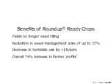 Benefits of Roundup® Ready Crops Fields no longer need tilling Reduction in weed management costs of up to 37% Decrease in herbicide use by >1lb/acre Overall 74% increase in farmer profits1. 1U.S. Corn Crop 2003