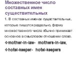 Множественное число составных имен существительных. 1. В составных именах существительных, которые пишутся раздельно, форму множественного числа обычно принимает основное в смысловом отношении слово. mother-in-law- mothers-in-law, hotel-keeper- hotel-keepers