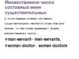 2. Если первым словом составного существительного является слово man или woman, то оба слова принимают форму множественного числа. man-servant- men-servants, woman-doctor- women-doctors