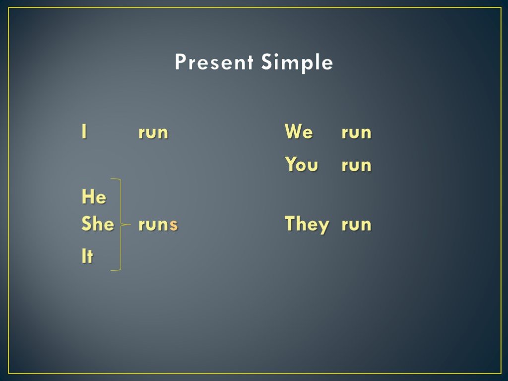 Past simple he she it. Run в презент Симпл. Present simple презентация. Run present simple. Глагол Run в present simple.