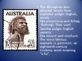 The Aborigines also adopted words from maritime pidgin English, words like piccaninny and bilong (belong). They used familiar pidgin English variants like talcum and catchum. The most famous example is gammon, an eighteenth-century Cockney word meaning “a lie”.