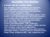 Australian Peculiarities. Examples with the -o ending include abo (aborigine - now considered very offensive), aggro (aggressive), ambo (ambulance office), arvo (afternoon), avo (avocado), bizzo (business), bottleo (bottle shop/liquor store), compo (compensation), dero (homeless person – from dereli