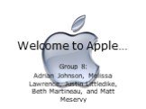 Welcome to Apple…. Group 8: Adrian Johnson, Melissa Lawrence, Justin Littledike, Beth Martineau, and Matt Meservy
