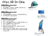 iMac All-In-One. 1998 iMac- All-In-One Cost alt=,299 233 MHz processor, 256 Mb of RAM and 4 GB of Storage Space. 2002 iMac- All-In-One Cost alt=,299 700/800 MHz processor, 1 GB of RAM and 60 GB of Storage Space. 2008 iMac- All-In-One Cost alt=,199-alt,199 20” – 24” screens. 2.4-3.06 GHz processor, 4 GB of 
