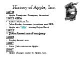 History of Apple, Inc. 1976 Apple Computer Company founded. 1983 -1984 Enters Fortune 500. John Sculley becomes president and CEO. Apple airs “1984” during Super Bowl. 1985 Jobs forced out of company 1993 Sculley forced out. 1997 Steve Jobs returns to Apple. 2007 Apple changes name to Apple, Inc.