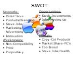 SWOT. Strengths: Retail Store Products/Branding Steve Jobs Marketing/ Advertising Innovation Weaknesses: Non-Compatibility Price Proprietary. Opportunities: Stock Investments Jobs-Moving Up Threats: Copy-Cat Products Market Share-PC’s Too Broad Steve Jobs Health