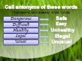 Call antonyms of these words Назовите антонимы этих слов. Dangerous Difficult Healthy Legal Usual Safe Easy Unhealthy illegal Unusual
