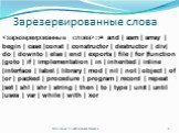 Зарезервированные слова. ::= and | asm | array | begin | case |сonst | сonstructor | destructor | div| do | downto | else | end | exports | file | for |function |goto | if | implementation | in | inherited | inline |interface | label | library | mod | nil | not | object | of |or | packed | procedure