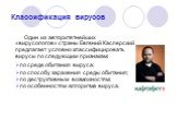 Классификация вирусов. Один из авторитетнейших «вирусологов» страны Евгений Касперский предлагает условно классифицировать вирусы по следующим признакам: по среде обитания вируса; по способу заражения среды обитания; по деструктивным возможностям; по особенностям алгоритма вируса.