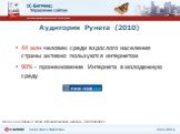 Аудитория Рунета (2010). 44 млн человек среди взрослого населения страны активно пользуются интернетом 90% - проникновение Интернета в молодежную среду. Источник данных: Фонд «Общественное мнение», TNS WebIndex