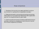 Виды алгоритмов: 1. Линейный алгоритм (описание действий, которые выполняются однократно в заданном порядке); 2. Разветвляющийся алгоритм (алгоритм, в котором в зависимости от условия выполняется либо одна, либо другая последовательность действий). 3. Циклический алгоритм (описание действий, которые