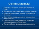 Основные выводы: Причины бурного развития Европы и США: Большой и растущий внутренний рынок. Бум рождаемости и приток людей из-за границы. Отсутствие традиционного всевластия чиновников. Государство стимулировало развитие промышленности Германии. Трудолюбие и дисциплинированность.