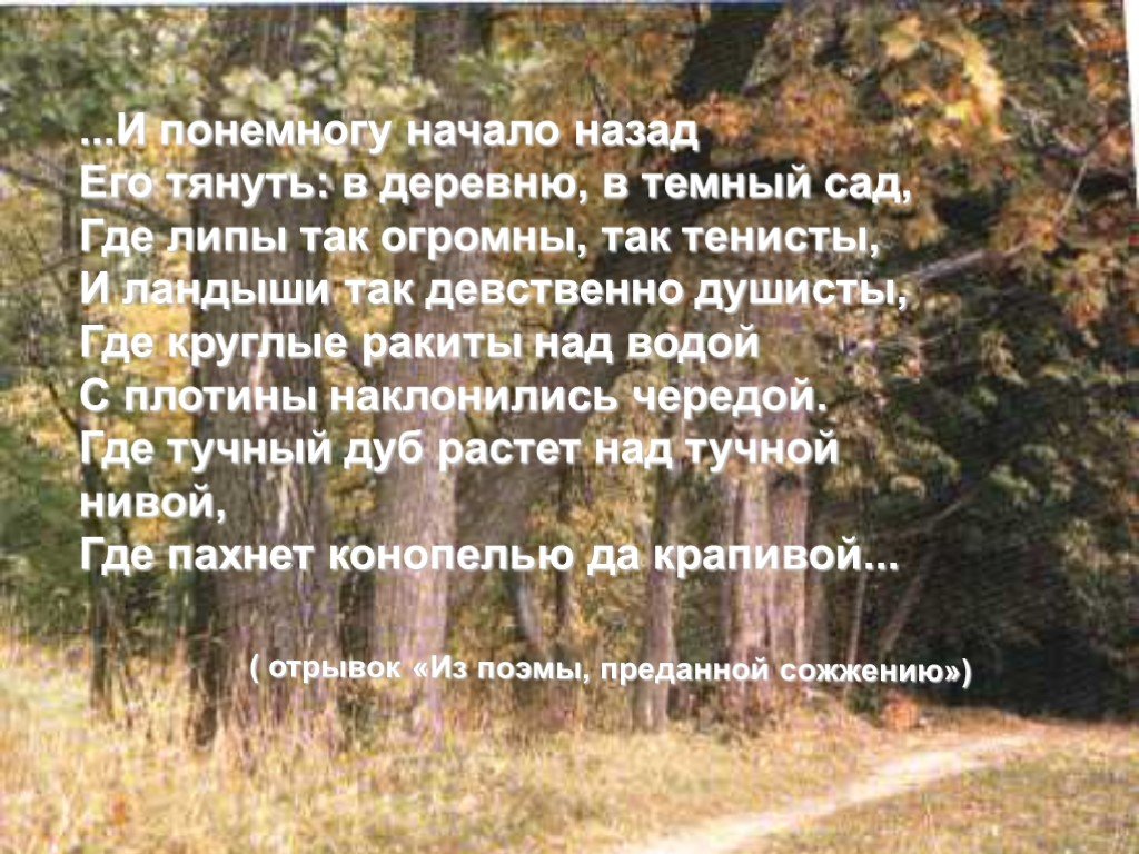 Начало назад. И понемногу начало назад его тянуть в деревню в темный сад. Тургенев из поэмы преданной сожжению. Через поля к холмам тенистым Тургенев. Где тучный дуб растет над тучной Нивой.