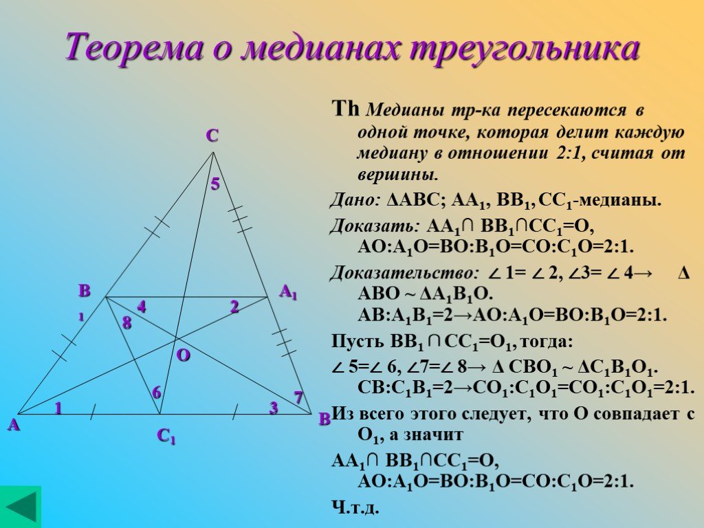 Свойства медиан треугольника 8 класс геометрия. Теорема о медианах треугольника. Теорема о медиане. Теорема о медианах треугольника доказательство. Теорема о пересечении медиан треугольника доказательство.