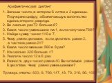 Арифметический диктант. Запиши число, в котором 6 сотен и 3 единицы. Подчеркни цифру, обозначающую количество единиц второго разряда. 2. Во сколько раз 72 больше 8? 3. Какое число уменьшили на 1, если получили 789? 4. Найди сумму чисел 140 и 7. 5. Чему равно делимое, если делитель равен 2, а частное