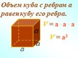 Объем куба с ребром а равен. V = a . а . а V = a3 кубу его ребра.