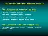 Гены, регулирующие активность МФ (Bcg) усиление клеточного дыхания; повышение противоопухолевой активности; усиление антимикробной активности; повышение экспрессии молекул МНС II класса. Гены, сцепленные с МНС (сim, кодирует ТАР2) регулируют расщепление антигена и транспорт антигенных пептидов в ЭПР