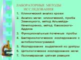 ЛАБОРАТОРНЫЕ МЕТОДЫ ИССЛЕДОВАНИЯ. Клинический анализ крови Анализ мочи: клинический, проба Земницкого, метод Альмейда-Нечипоренко, метод Каковского-Аддиса Функциональные почечные пробы Бактериологическое исследование с антибиотикограммой Исследование выделений из уретры Цитологическое исследование м