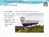 Мурманск-60 (Военно-морские базы ВМФ России). Снежногорск — город в Мурманской области России. Население 14407 человек (2010). Город расположен в 26 км от Мурманска, в 70 км по автомобильной трассе. Населённый пункт был основан в 1970 году как посёлок Вью́жный, в советское время назывался также Мурм