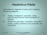 List includes 20 categories of waste, each containing several subcategories. 01 Wastes resulting from exploration, mining, quarrying, physical and chemical treatment of minerals 02	Wastes from agriculture, horticulture, aquaculture, forestry, hunting and fishing, food preparation and processing ….