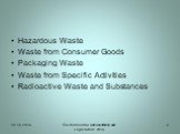 Hazardous Waste Waste from Consumer Goods Packaging Waste Waste from Specific Activities Radioactive Waste and Substances