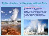 Sights of nature. Yellowstone National Park. Yellowstone National Park - located in the northwest of the U.S. Rocky Mountains. Area of ​​898.3 hectares. Founded in 1872, the oldest in the U.S.. The largest cluster of geysers and hot springs (more than 3000, including Ekselsior geyser jet with height