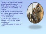 Today, U.S. forces are among the largest in the world. U.S. military budget for 2010 amounted to 668 billion U.S. dollars. U.S. forces include the Army, Air Force, Navy, Marine Corps and Coast Guard. As of April 2007, 1,426,700 men served in regular units of the armed forces and 1,458,500 people in 