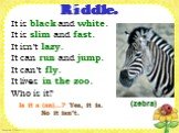 Riddle. It is black and white. It is slim and fast. It isn’t lazy. It can run and jump. It can’t fly. It lives in the zoo. Who is it? (zebra). Is it a (an)…? Yes, it is. No it isn’t.