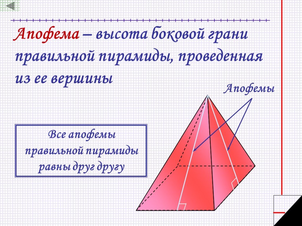 Апофема это в геометрии. Что такое апофема правильной пирамиды. Пирамида геометрия апофема. Апофема правильной четырехугольной пирамиды. Апофема это высота боковой грани.